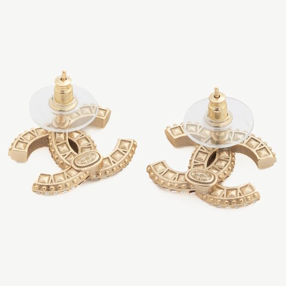 Chanel B25 Gold-Tone Crystal-Embellished CC Stud Earrings - Picture 2 of 3